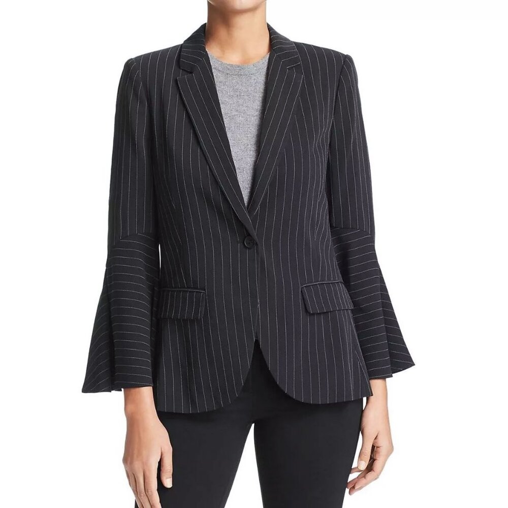LE GALI Women's Crepe Pinstriped One-button Blazer Bell Sleeves Jacket Size XS